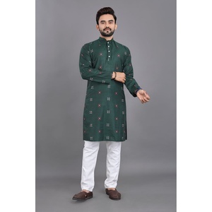 TRAVAIL TRADITIONNEL EN JACQUARD EN COTON HOMME KURTA AVEC PAYJAMA VERT - Product Image 1