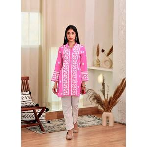 Designer Rayon <b>Chikankari</b> Work-Ready To-Wear Short <b>Kurta</b> Pink - Product Image 1