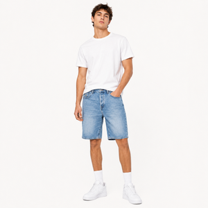 Shorts en jean bleu clair pour homme, coupe ample, style vintage, décontracté, streetwear, jambe droite, en coton, haute qualité - Product Image 1