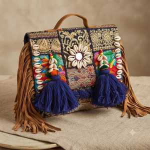 Sac à bandoulière bohème vintage fait main brodé avec coquillages, pompons colorés et franges en cuir pour femme - Product Image 2