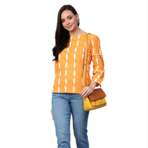 เสื้อคอตตอนอิคัทพิมพ์ลายสีส้ม คอกลม แขนสามส่วน ขนาดสั่งทำได้ ชุดฤดูร้อน 2 ชิ้น เป็นมิตรกับสิ่งแวดล้อม ใส่ได้ทุกวัน - Product Image 1