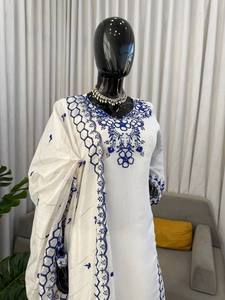 Luxury White Cotton Farshi Salwar Suit Women Blue Embroidered Ethnic Wear <b>Kurti</b> Pant Set Pakistani Bollywood Winter Party Wear - Product Image 2