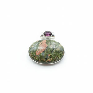 Pendentif ovale en jaspe unakite et grenat, en argent sterling 925 plaqué or rose et or jaune, fait main, bijou statement, cadeau unisexe - Product Image 1