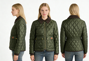 Women's Green <b>Quilted</b> <b>Jacket</b> With Turn-down Collar And Zipper Closure Autumn Wear - Product Image 4
