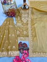 Ensemble Kurti Palazzo Élégant Doré en Soie avec Broderie de Perles et Rivets, et Dupatta, pour Femme, Robe de Soirée Festive