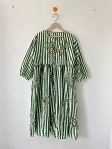 Green Striped Tropical Palm Print Boho Midi <b>Dress</b> With Puff Sleeves And Pockets <b>Loose</b> Fit A-Line Summer Casual <b>Dress</b> - Product Image 4
