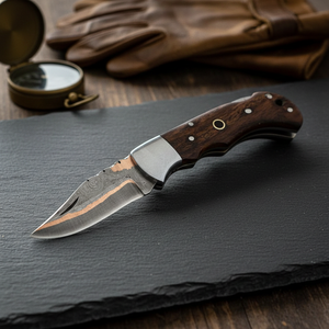 Couteau pliant artisanal en acier Damas, pointe tombante, manche en bois de rose, couteau utilitaire EDC, logo personnalisé, OEM - Product Image 3