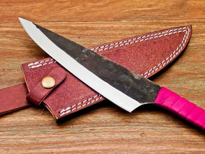 Couteau de chef professionnel en acier carbone forgé à la main, manche enveloppé de cuir vert avec étui, vente en gros, B2B, fabricant OEM - Product Image 5