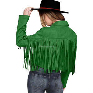 Chaquetas de mujer con flecos de cuero de ante Vintage verde, abrigo de manga larga con solapa abierta estilo vaquero occidental bohemio - Product Image 3
