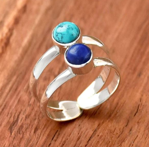 Bague en Lapis Lazuli Bleu et Turquoise en Argent Sterling 925, Double Bande Ajustable, Bijou Bohème Tendance, Cadeau pour Femme, Vente en Gros - Product Image 5