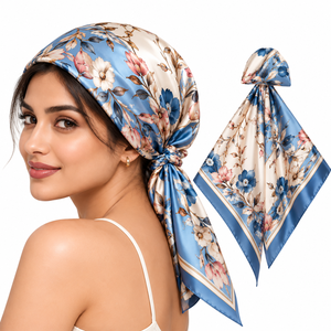 Foulard carré multifonction en satin vintage pour femme, imprimé floral vert et bleu, accessoire pour cheveux, usage quotidien décontracté - Product Image 3
