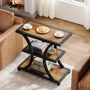 Wooden top 3 tier <b>side</b> <b>table</b> with <b>black</b> metal frame metal <b>side</b> <b>table</b> for living room modern metal end <b>table</b> - Product Image 1