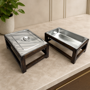 Modern Farmhouse Gastronorm Pan Holder Dark Wood <b>Buffet</b> <b>Server</b> with Stainless Steel Lid Luxury Boutique Hotel Catering Ware - Product Image 1