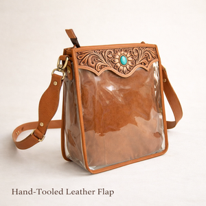 Bolso bandolera transparente para estadio con solapa floral de cuero repujado |   Bolso Transparente Estilo Western Turquesa para Conciertos |   Bolso Tote con Correa para el Hombro para Mujer - Product Image 2