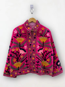 Blouson bomber en velours 100% brodé de motifs floraux colorés Suzani, réversible, style bohème vintage, court, automne hiver été, taille unique - Product Image 1