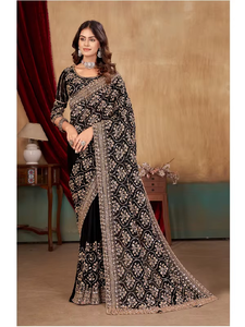 Sari de satén festivo de alta calidad Abhi Fashion, con cuentas ornamentales y bordados, blusa de diseñador, para bodas tradicionales - Product Image 1
