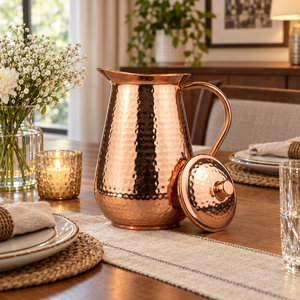 Grande carafe à eau en cuivre pur martelé avec couvercle, carafe de stockage ayurvédique traditionnelle, ustensile de cuisine, vaisselle - Product Image 3