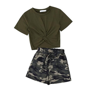 Haut court à manches courtes vert olive pour femme, col rond, couleur unie, décontracté, été, 100 % coton, 2 pièces, vente en gros, coupe classique - Product Image 1