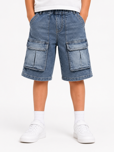 Shorts cargo en denim bleu délavé pour enfants, bas décontractés d'été pour garçons, shorts multi-poches, shorts en denim de qualité supérieure en coton - Product Image 1