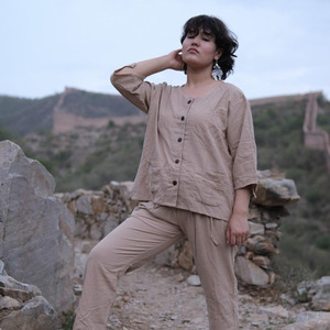 Premium Khadi Cotton Co-ord Set for Women - Eco-Friendly Beige Button-<b>Down</b> Comfort Top and Matching <b>Trousers</b> - Product Image 4