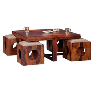 Table basse carrée en teck artisanal avec 4 tabourets, petite table centrale en bois marron pour salon, entrée, dressing, décoration - Product Image 1