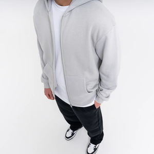 Sweat-shirt à capuche surdimensionné en coton gris uni pour homme, avec fermeture éclair et poches, coupe classique, tricoté, idéal pour l'automne - Product Image 3