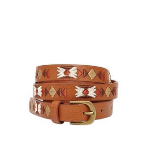 Ceinture formelle à boucle ardillon en cuir de vache Tan avec motif de broderie géométrique et caractéristiques écologiques pour les jeans de tous les jours - Product Image 1