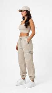Pantalones Cargo de Lona Color Caqui para Mujer, Cintura Media, Corte Recto, Cordón Ajustable, Estilo Casual y Utilitario - Product Image 3
