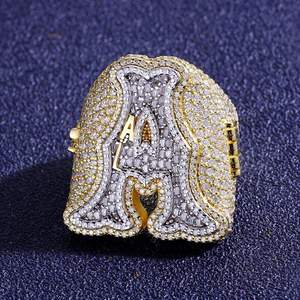 <b>24K</b> <b>Gold</b> Plated Letter A Cocktail <b>Ring</b> With Micro Pave Cubic Zirconia Emerald Cut Stones Mens Hiphop Party Jewelry for Sale - Product Image 6