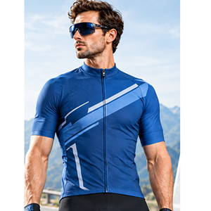 Maillot de cyclisme bleu pour homme, manches courtes, extensible, en spandex/polyester, avec rayures blanches et design numéro un - Product Image 1