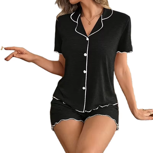 Solid Color Short Sleeve Shorts Sleepwear Set Women Loose Full Length Adult Women's Sleepwear Women's Solid Color Pure Pajaama - Product Image 1