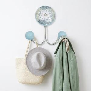 Modern <b>Wall</b> Mounted Coat Hook with Floral Design and Turquoise Ceramic Knobs 2 Hooks Metal Hooks for Clothing Storage - Product Image 4