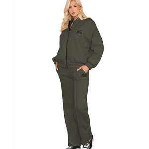 Oversized women tracksuit full zip sweatshirt relaxed straight pants premium thermal athleisure matching set - Product Image 1