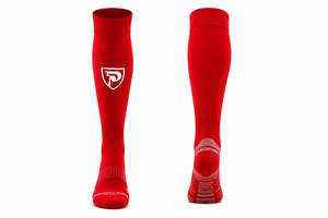 Chaussettes de football pour hommes Dumela, rouges, en spandex/nylon, tricotées, imprimées par transfert thermique, respirantes, à séchage rapide, antidérapantes - Product Image 1