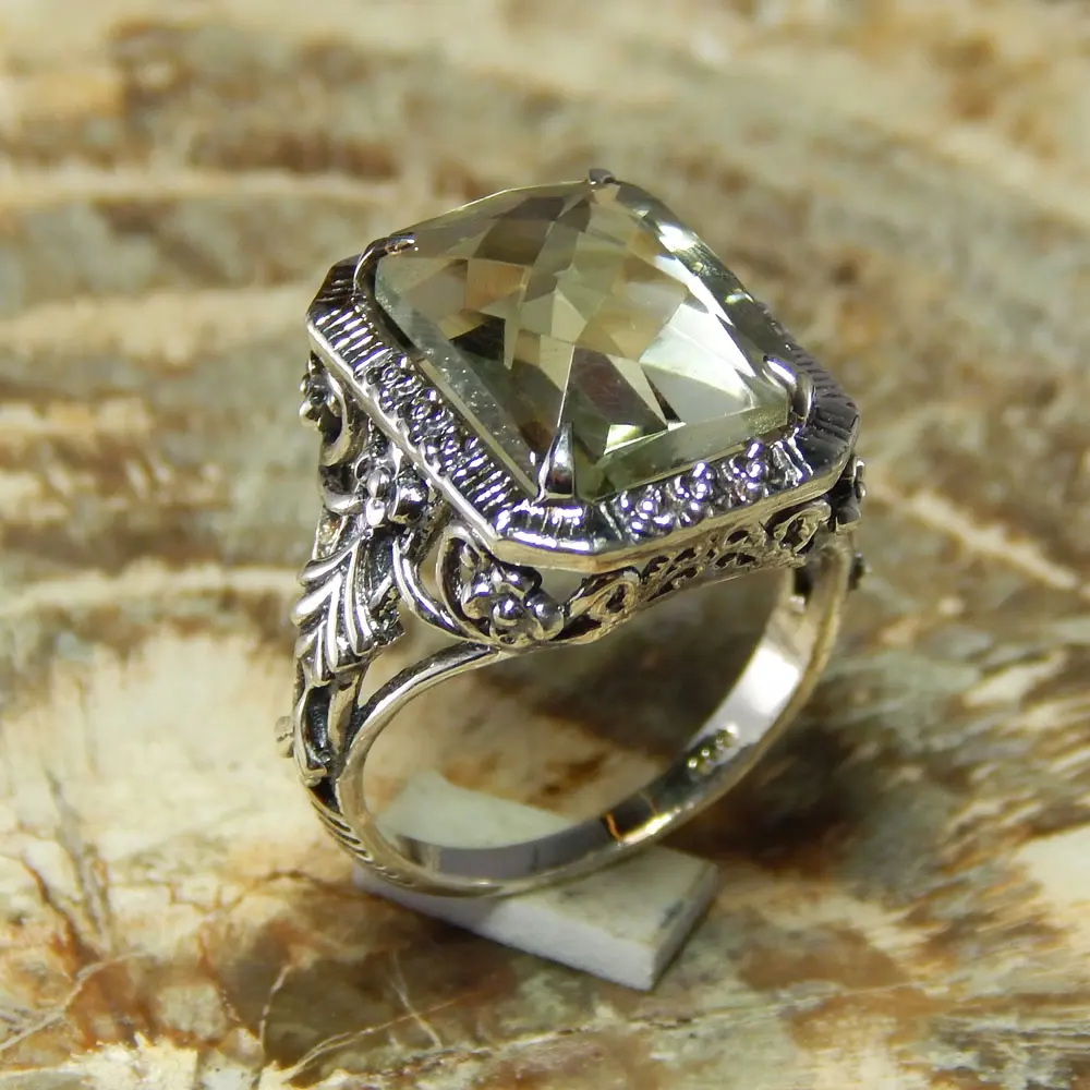 925 Sterling Zilveren Ring Van Groene Amethist Edelsteen Ring Voor Vrouw Boho Zilveren Sieraden Statement Ring
