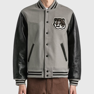 Varsity <b>Jacket</b> Grey Faux Leather Sleeves Embroidered Tiger Back Design Autumn Women's Regular Fit Zipper Closure - Product Image 5