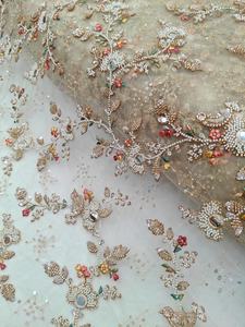 Tela de malla con bordado floral de cuentas de diseñador, tela de malla de lujo para vestido de novia, lehenga, material para vestido de boda - Product Image 4