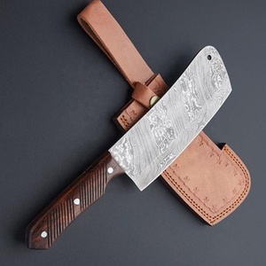 Couteau à viande artisanal en acier Damas, lame pleine longueur, hachoir de boucher avec manche en bois et étui en cuir - Product Image 5