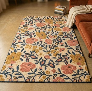 Alfombra de Lana Premium Hecha a Mano en India, Color Rosa Marfil y Azul Marino, con Diseño Floral y Botánico para Sala de Estar - Product Image 1