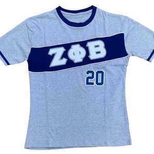 เสื้อยืดเซต้า ฟิ เบต้าสีเทาพรีเมี่ยม ปักตัวอักษรกรีกสีน้ำเงิน เสื้อยืดผู้หญิงทรงสปอร์ตสวมใส่สบาย - Product Image 1