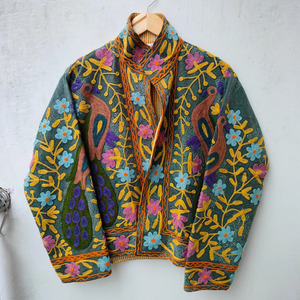 Premium Handcrafted Velvet Suzani Rajasthani Kashmiri Crewel Hand Embroidery Breathable Eco-Friendly <b>Quilted</b> Bomber Jacket - Product Image 3