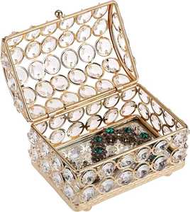 <b>Gold</b> Crystal Beaded Jewelry Box <b>Rectangular</b> Hinged Lid Storage Case Footed Keepsake Organizer <b>Mirrored</b> Base Metal Trinket Chest - Product Image 1