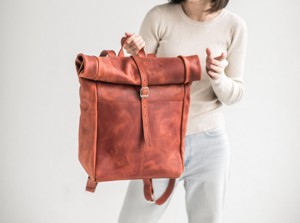 Artisan Genuine Leather <b>Roll</b> Top <b>Backpack</b> Vegetable Tanned Leather Luxury Travel Bag Custom Brand Rucksack LRTB-0107C - Product Image 6