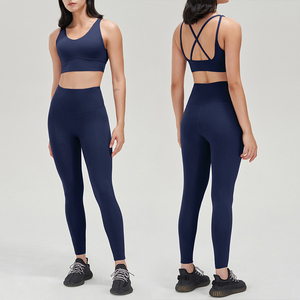 Women's <b>Navy</b> Blue V-Neck Long Sleeve Crop <b>Top</b> With Bow Detail Knitted Sporty Fit For Yoga And Fitness - Product Image 1