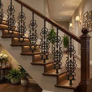 Panneau de rampe d'escalier en fer forgé orné, décorations en volutes, meneaux et balustres métalliques décoratifs pour rénovation d'escalier intérieur - Product Image 1