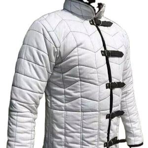 Handmade High Quality Medieval <b>White</b> Denim Windproof Quick Dry Full Sleeve Cotton Leather Straps Padded Jacket for Halloween - Product Image 3