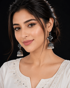 Long <b>Black</b> Onyx <b>Dangle</b> Bollywood Jhumka Fashion <b>Earrings</b> Oxidized Silver Party Jewelry Making - Product Image 4