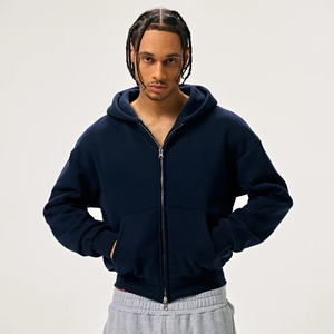 Sudadera con capucha azul marino para hombre, con cremallera, color sólido, informal, de manga larga, con bolsillos. - Product Image 1