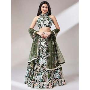 Evening Dress Olive <b>Green</b> Sequins Art Soft <b>Net</b> Mehendi Lehenga Choli - Product Image 2
