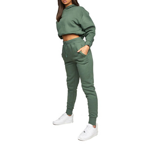 Ensemble de survêtement vert à capuche pour femme, haut court et pantalon de jogging décontracté à manches longues, couleur unie, avec cordon de serrage et poches, idéal pour l'automne - Product Image 2